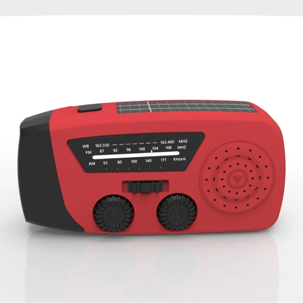 Red rechargeable hand radio emergency torch with wrist strap showing dimensions and Type-C charging port