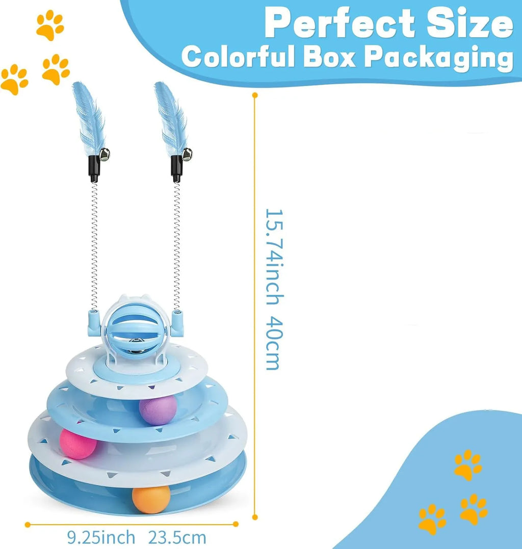 Blue 4-tier cat puzzle toy with balls and teasing rods on non-slip base