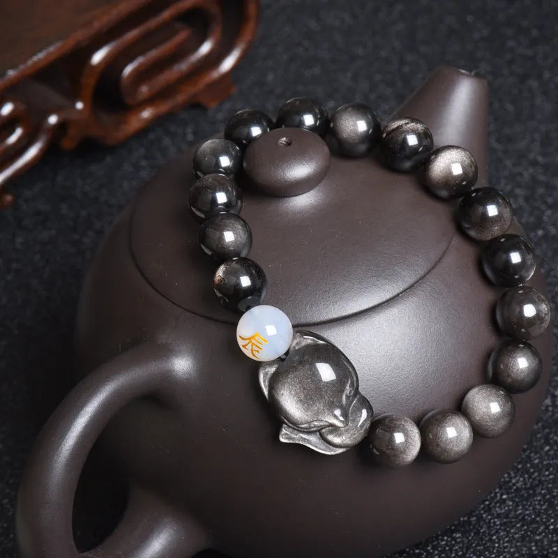 Natural obsidian bracelet with 10mm beads in national style, showing gold obsidian, silver stone, and obsidian options.