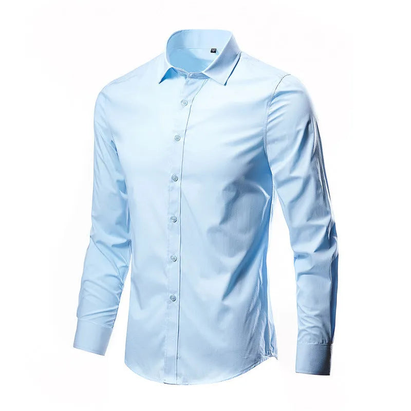 Loose fit long-sleeve linen shirt on a hanger, shown in a light colour.