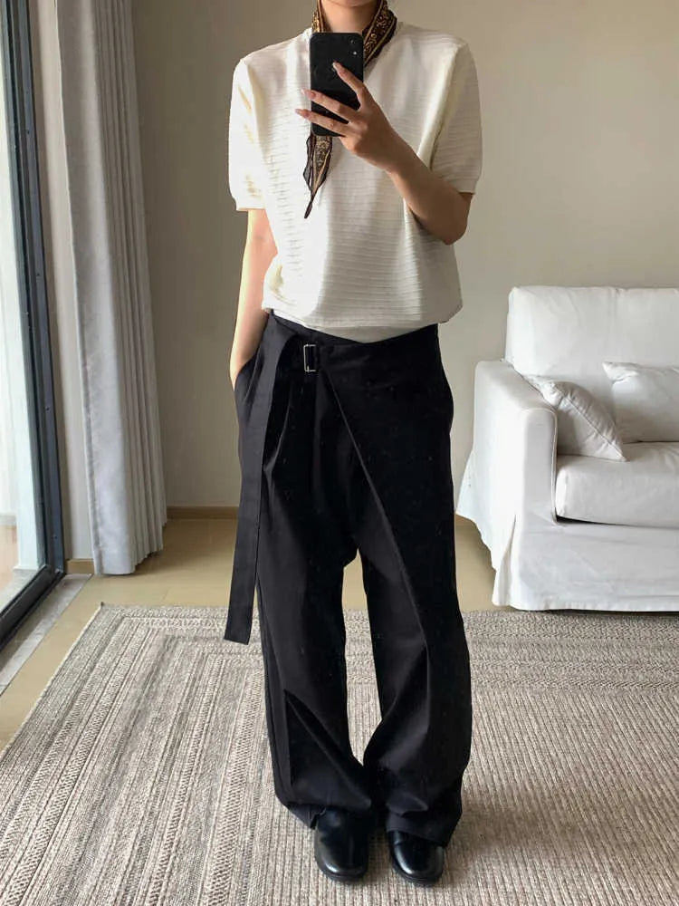 Black straight-leg trousers with an adjustable waistband and a single pleat detail.