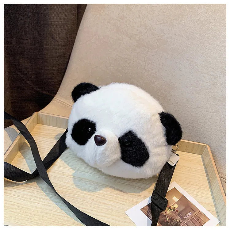 Soft plush panda head crossbody bag with cylindrical design and sandwich pockets