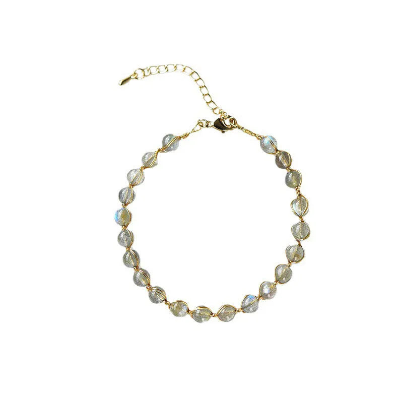 Women's blue moonstone crystal bracelet with 6mm stones on 14K gold-plated chain