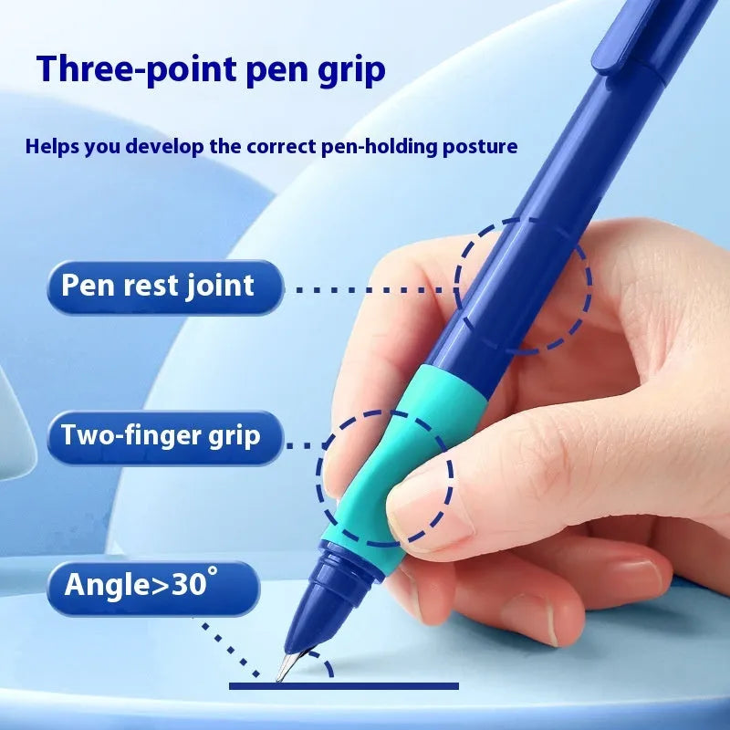 Posture correction pen with triangular grip design in blue, green, purple, and orange colour options