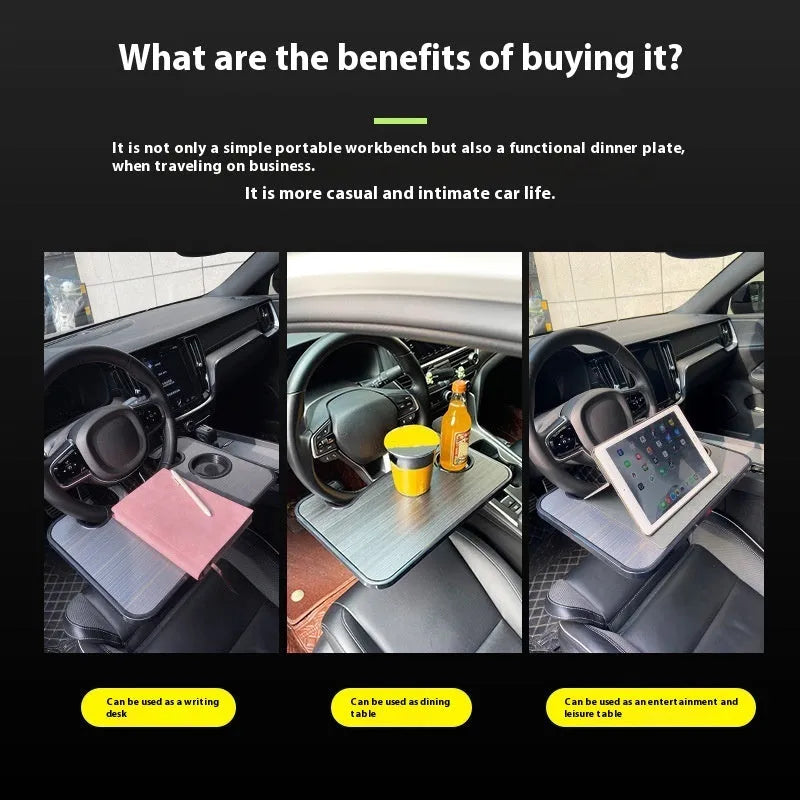 ABS plastic car steering wheel laptop stand with foldable drink holder in black finish
