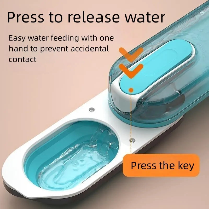 Portable pet water bottle with folding silicone drinking bowl in blue colour