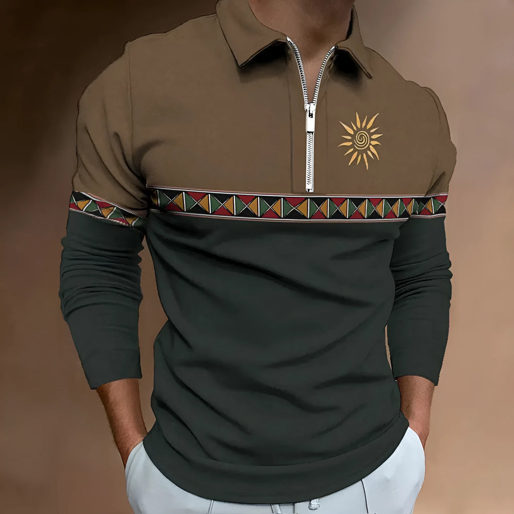 Man wearing a retro striped print long-sleeve t-shirt with zip decorations and a loose fit.