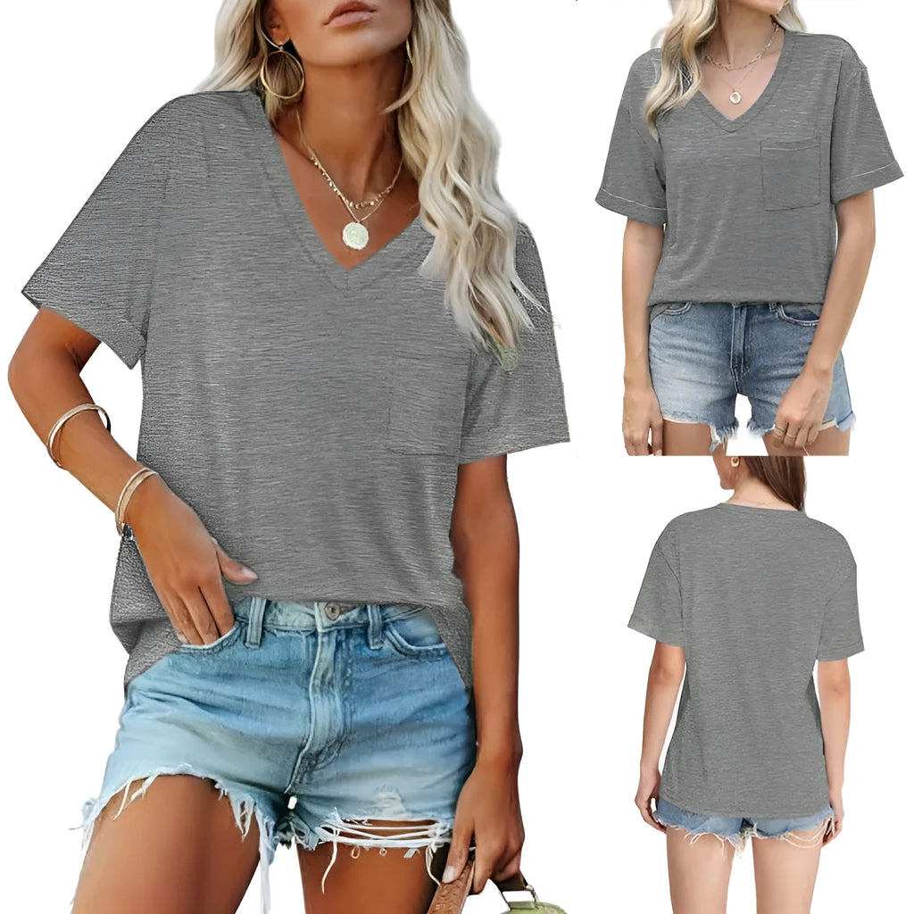 Grey loose fit V-neck T-shirt with pocket and short sleeves on hanger