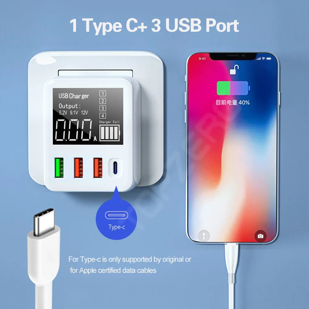 White 4-port travel charger with smart display and selectable international plugs including UK US EU AU standards