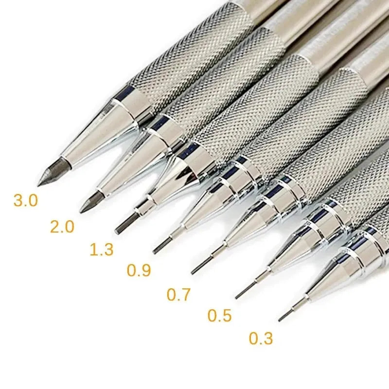 Metal automatic mechanical pencil with multiple lead size options for writing and drawing
