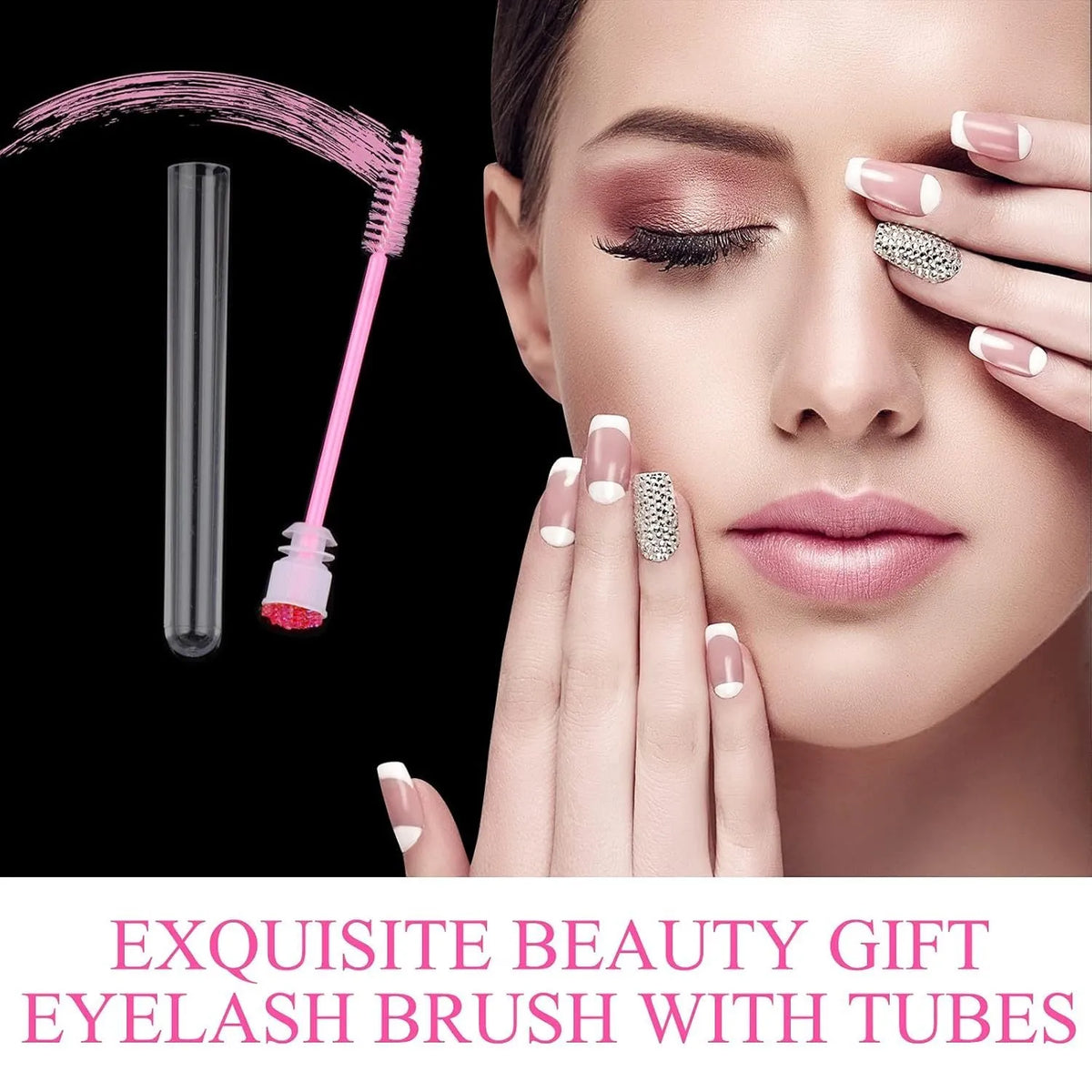 Set of coloured disposable eyelash brushes stored in clear plastic tubes for mascara and lash care