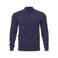 Cotton stand collar zipper cardigan sweater in a loose fit on a hanger.