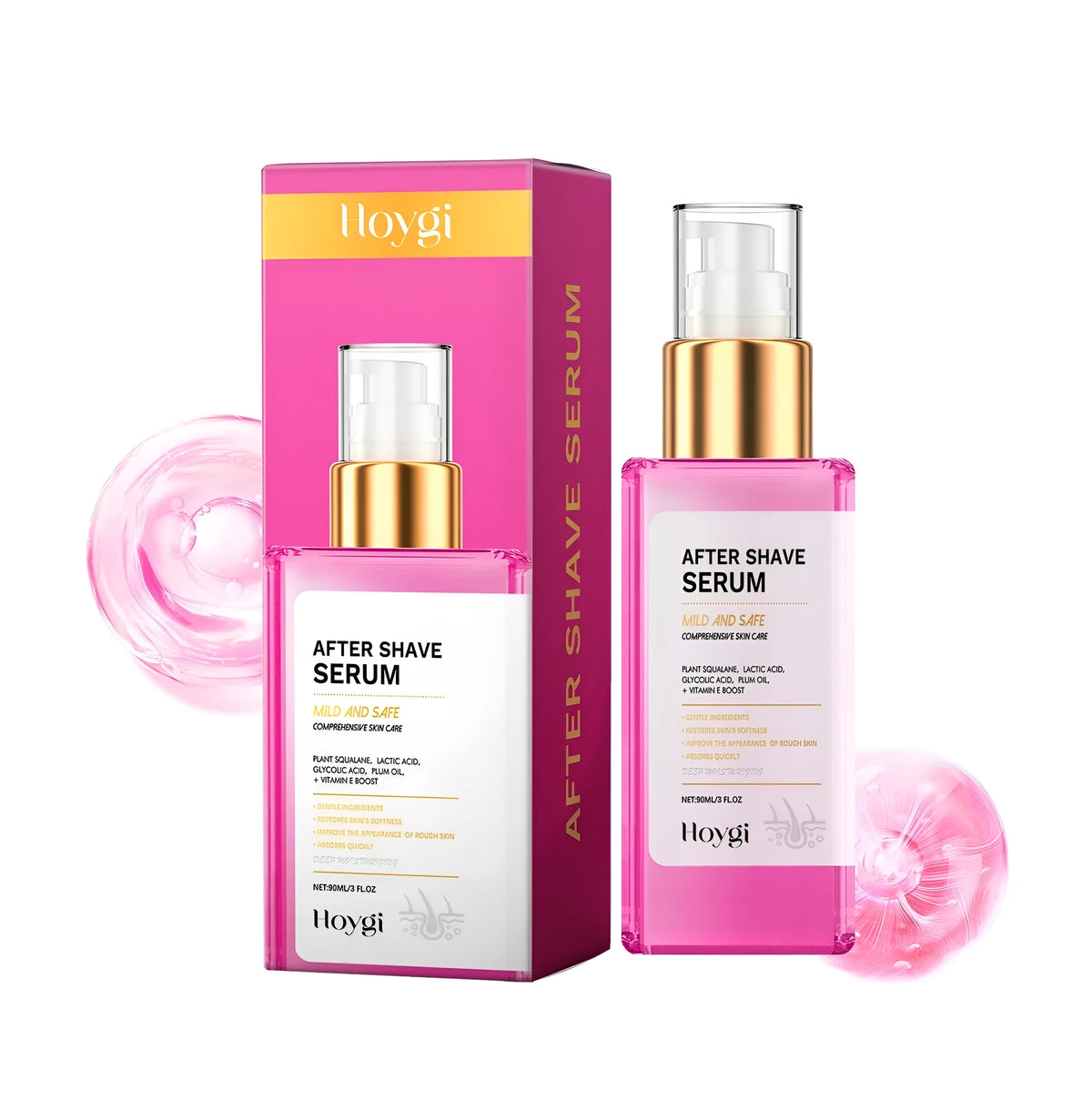 60ml tube of post hair removal repair liquid with glycerin and AHAs, showing dimensions of 14.2cm by 3.5cm.