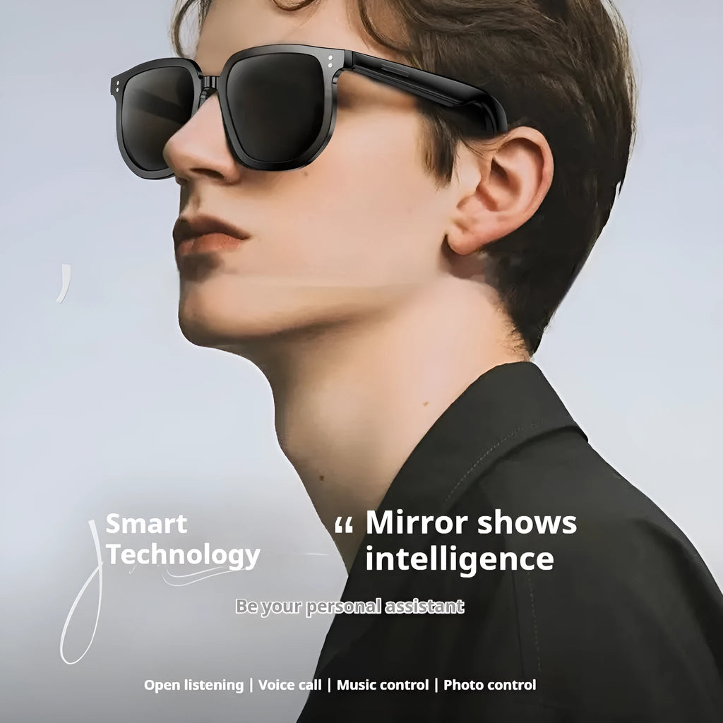 Black smart Bluetooth sunglasses with touch controls on the frame for audio functions