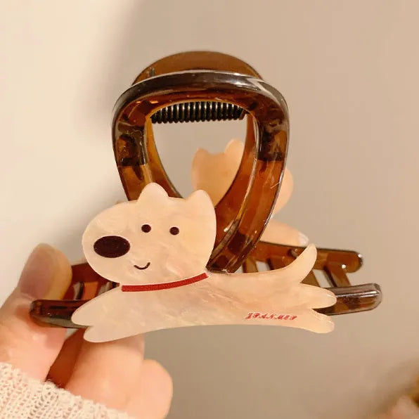 Beige and brown cartoon puppy barrette hair clips on white background