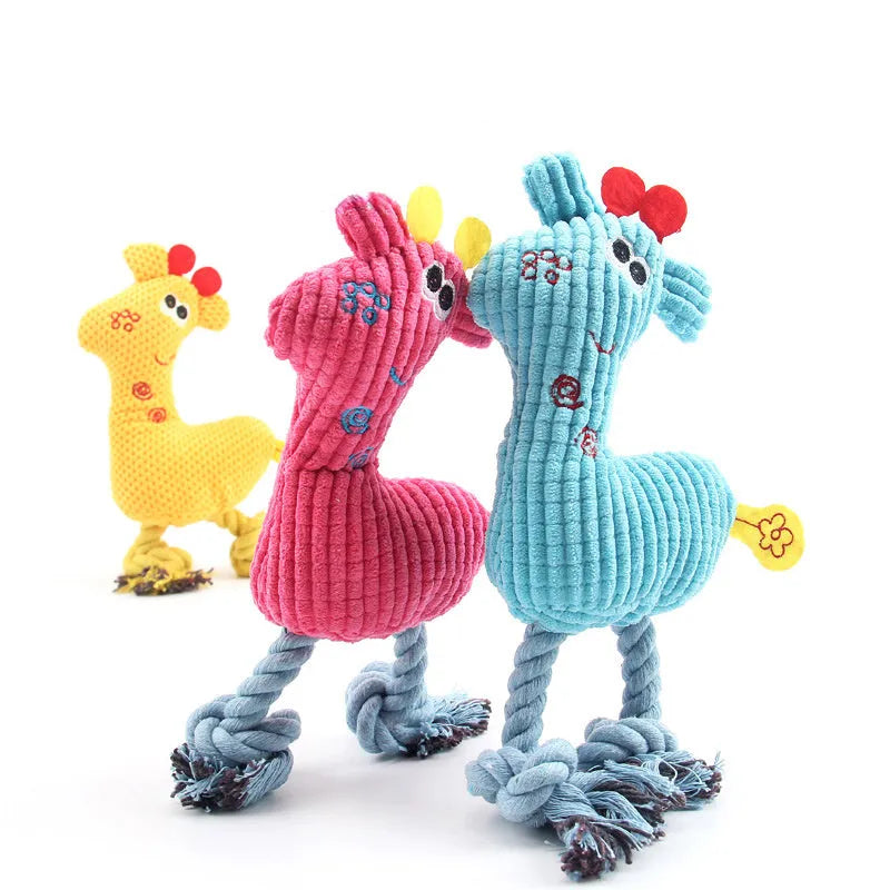 Blue deer-shaped plush pet toy with corn grain texture detail
