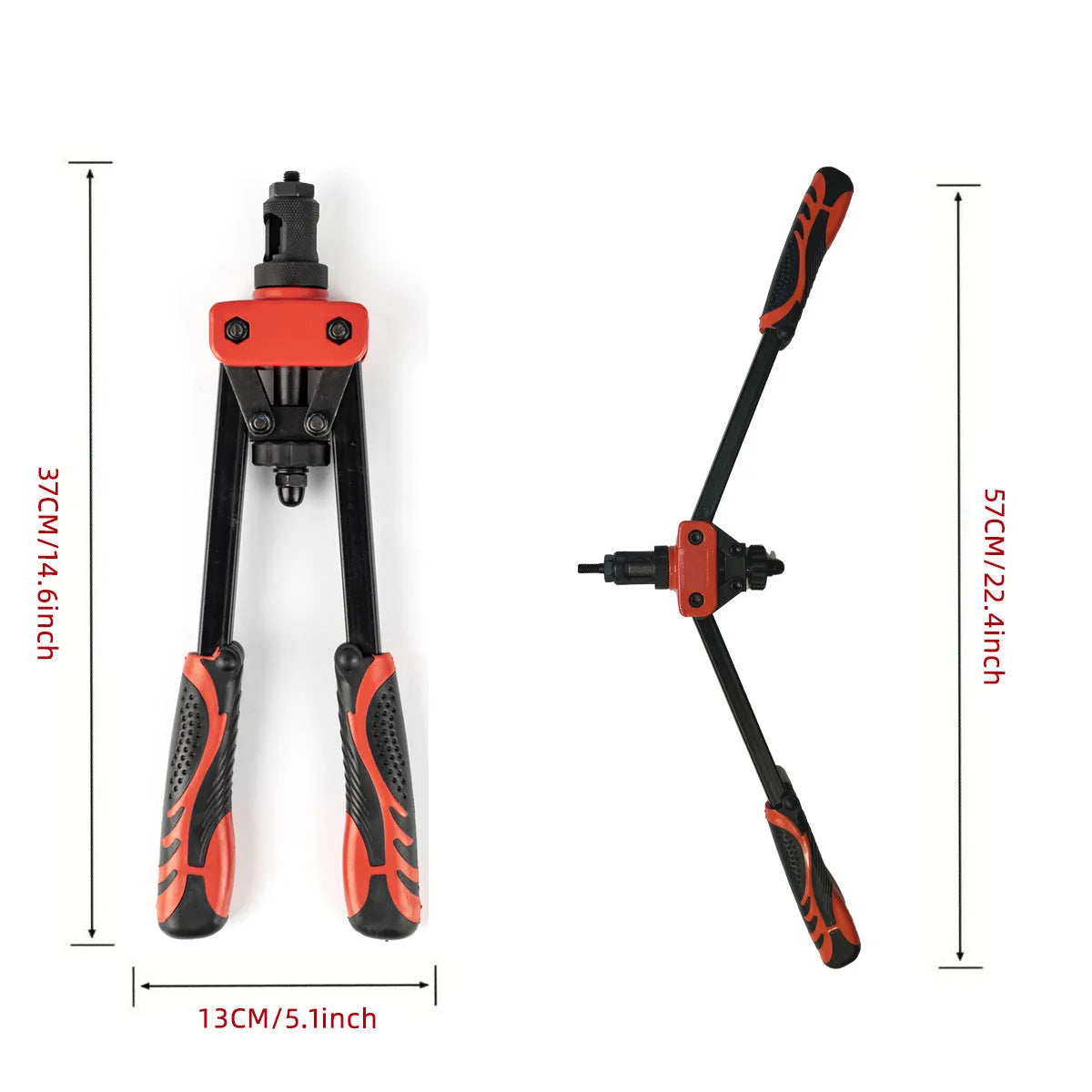 CQ14 model manual alloy rivet nut tool with six interchangeable tips, shown with 37 cm scale.