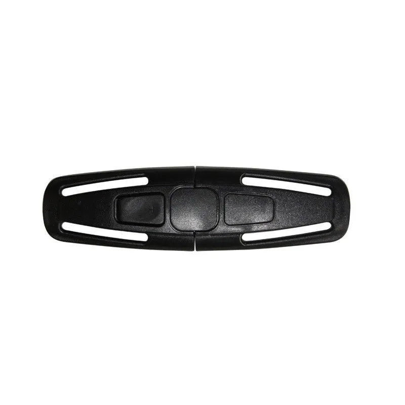 Black PA66 nylon child safety seat buckle clip for 5-point harness systems measuring 14.5cm by 4cm