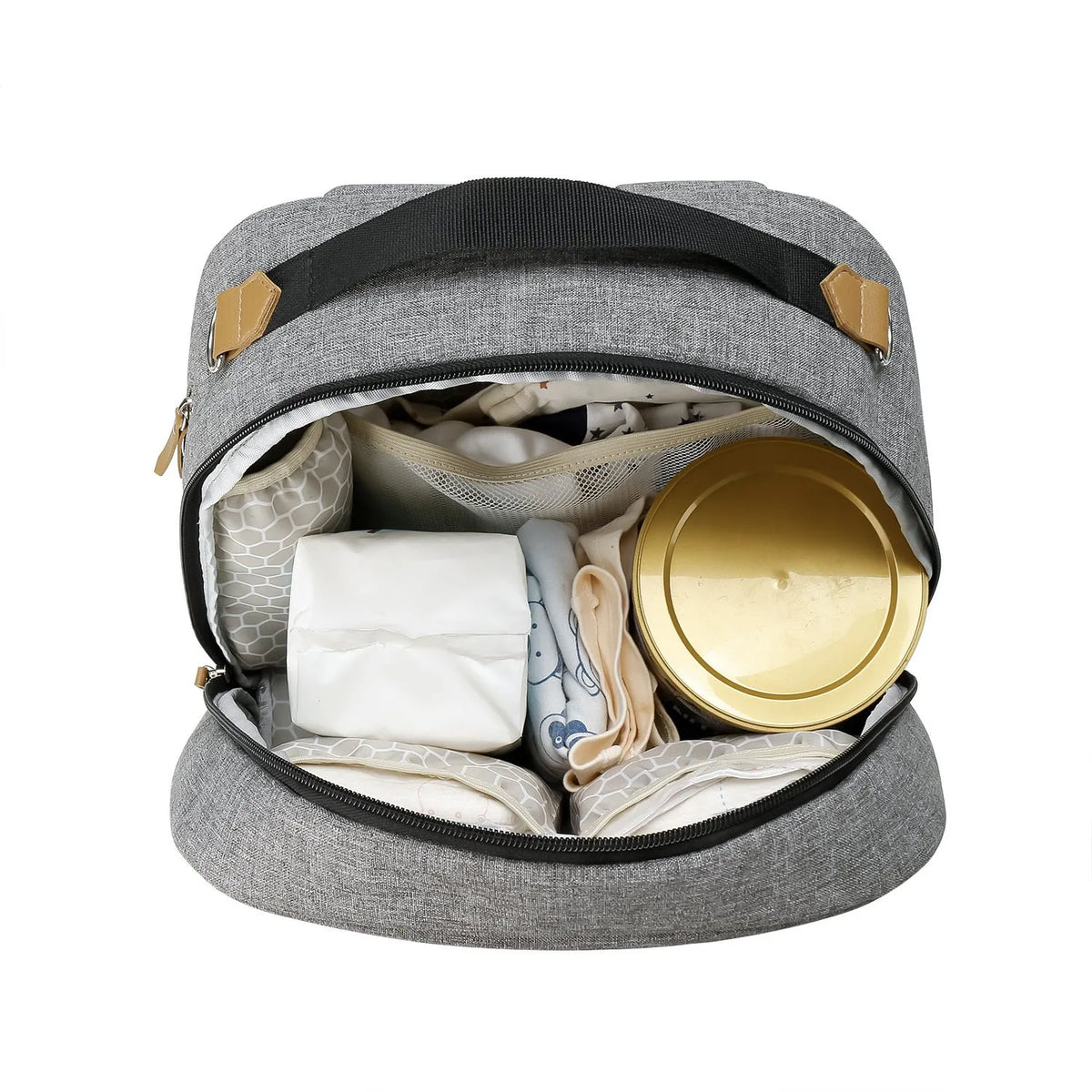 Grey insulated mother and child travel backpack with curved shoulder straps and multiple compartments