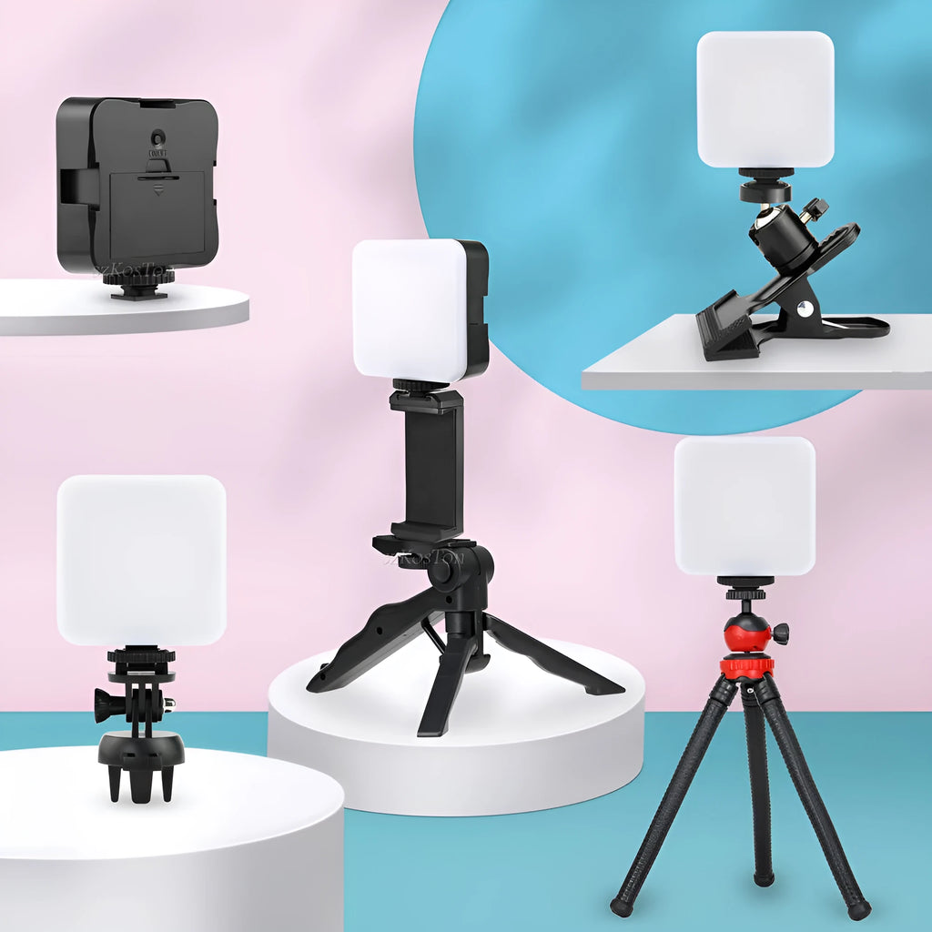 Universal LED mini square top flash light on a tripod, showing compact size and rotatable head.