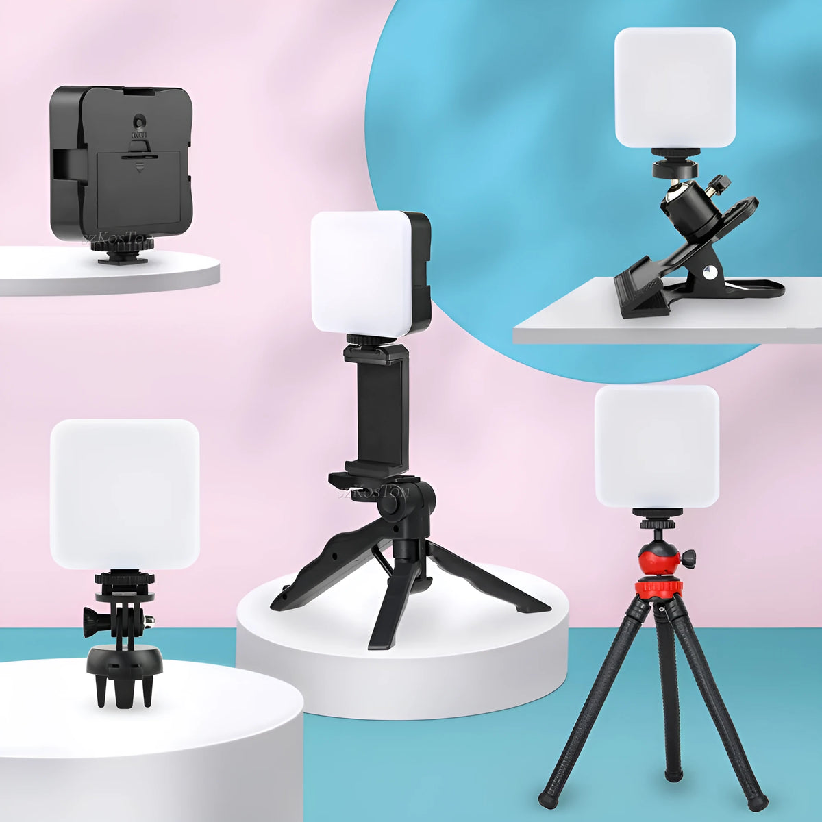 Universal LED mini square top flash light on a tripod, showing compact size and rotatable head.