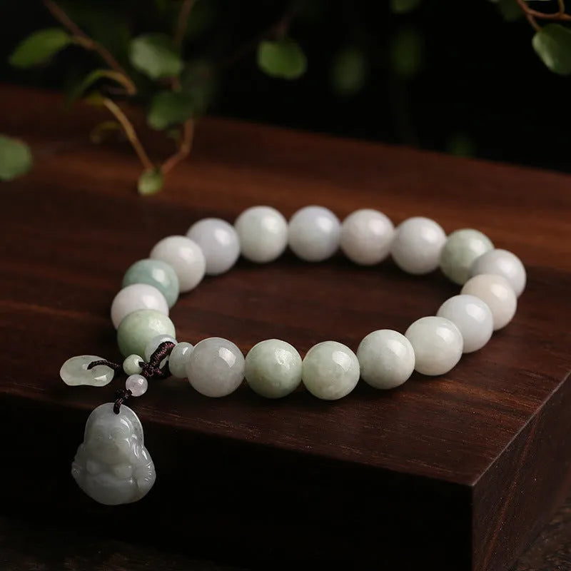 Natural jade bracelet with Maitreya Buddha charm and geometric design
