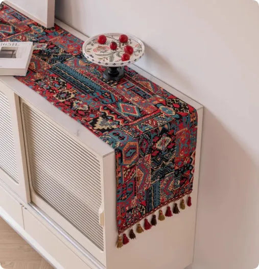 Polyester cotton blend table runner with handwoven tassels in European retro style