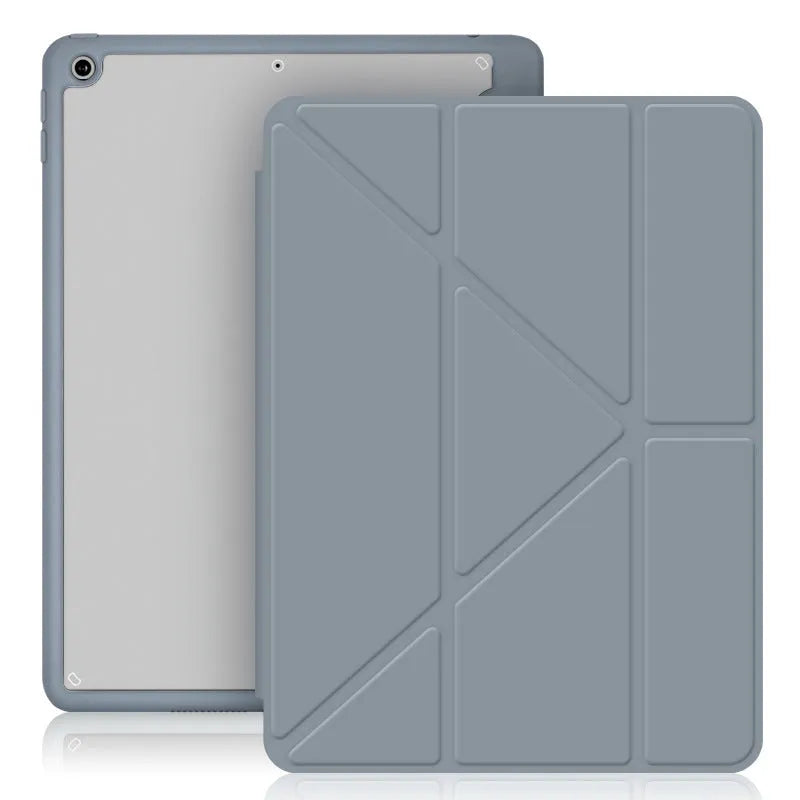 Acrylic Y-folding soft imitation leather iPad case in multiple colours, showing stand function and pen slot.