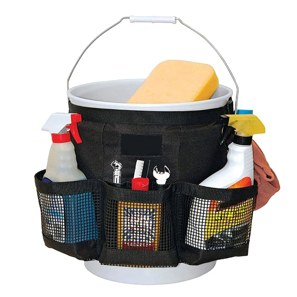 Black cylindrical polyester storage bag hanging with 5 gallon drum compatibility for car washing tools organisation