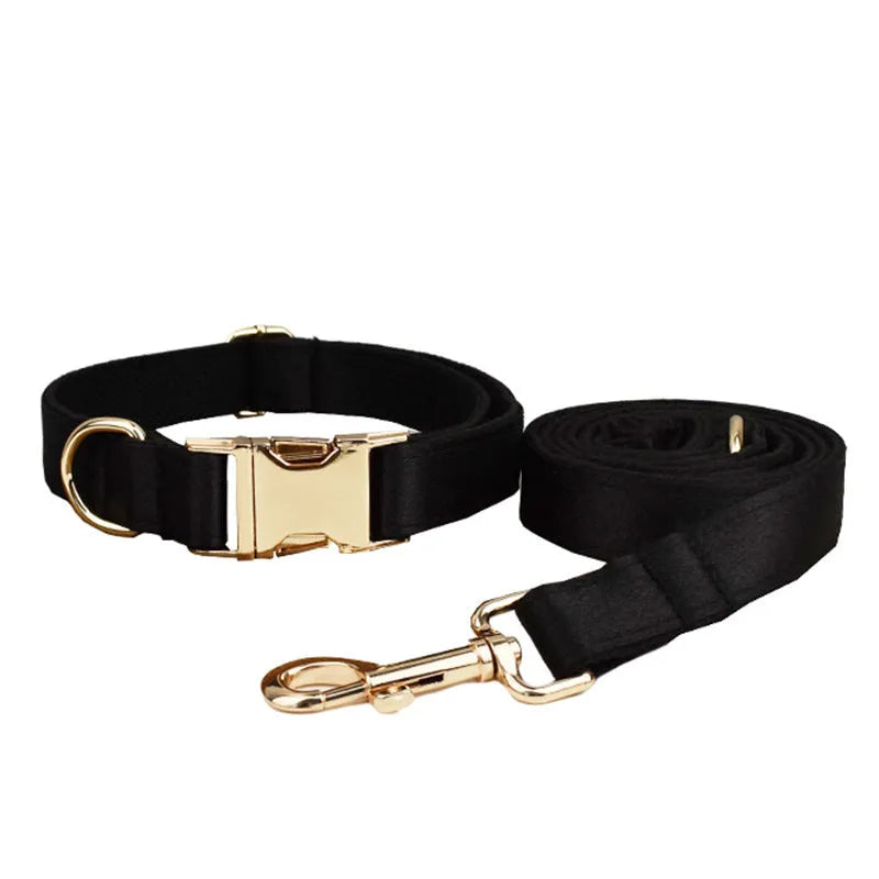Soft cloth dog collar, leash, vest, and bow tie set shown in multiple colours for small to extra large dogs.