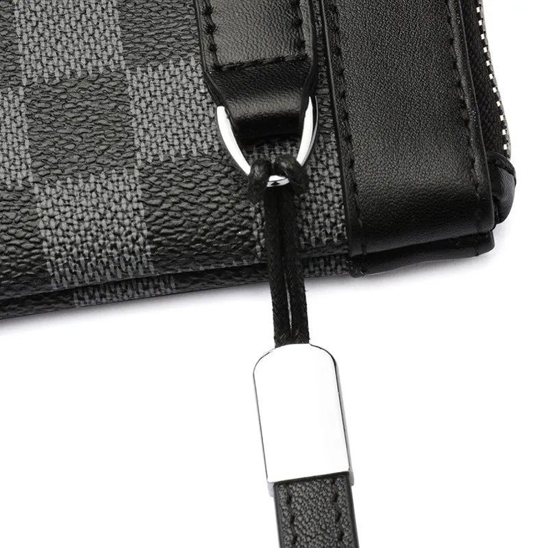 Black genuine cowhide leather men's clutch wallet showing 20cm by 10cm dimensions