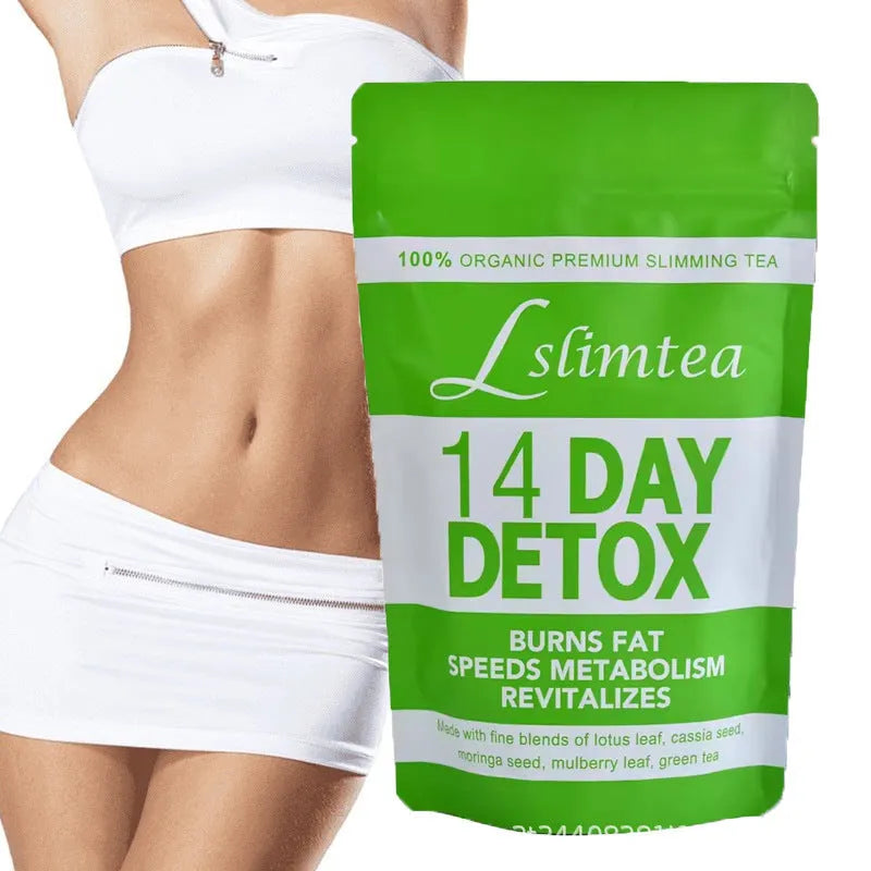 14-day herbal detox tea box with 14 individual sachets showing 42g net content
