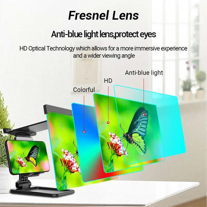 Black folding mobile phone screen amplifier with detachable holder, shown magnifying a smartphone display.