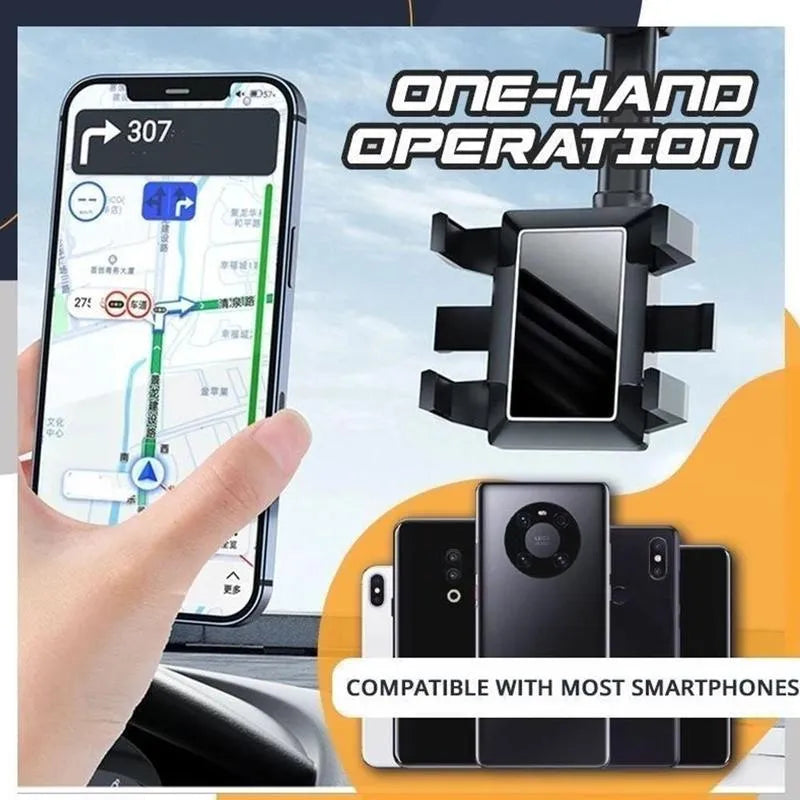 Black rearview mirror car phone holder with telescopic arm and four-claw phone grip, shown in a vehicle.