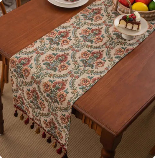 Polyester cotton blend table runner with handwoven tassels in European retro style