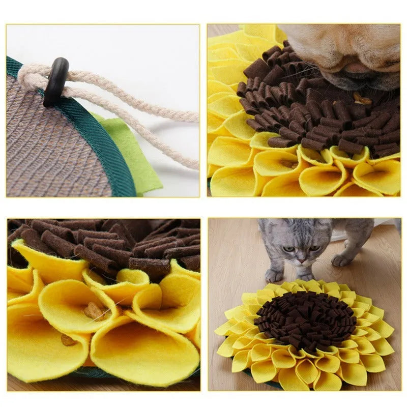 Yellow sunflower shaped dog snuffle mat with fleece petals for hiding treats during nosework training