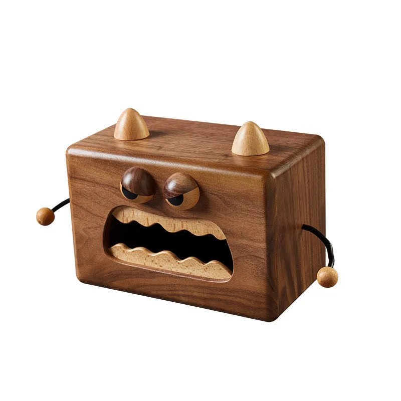 Wooden tissue box with cartoon monster design in walnut finish on beech wood