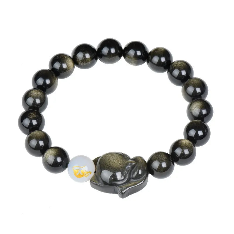 Natural obsidian bracelet with 10mm beads in national style, showing gold obsidian, silver stone, and obsidian options.