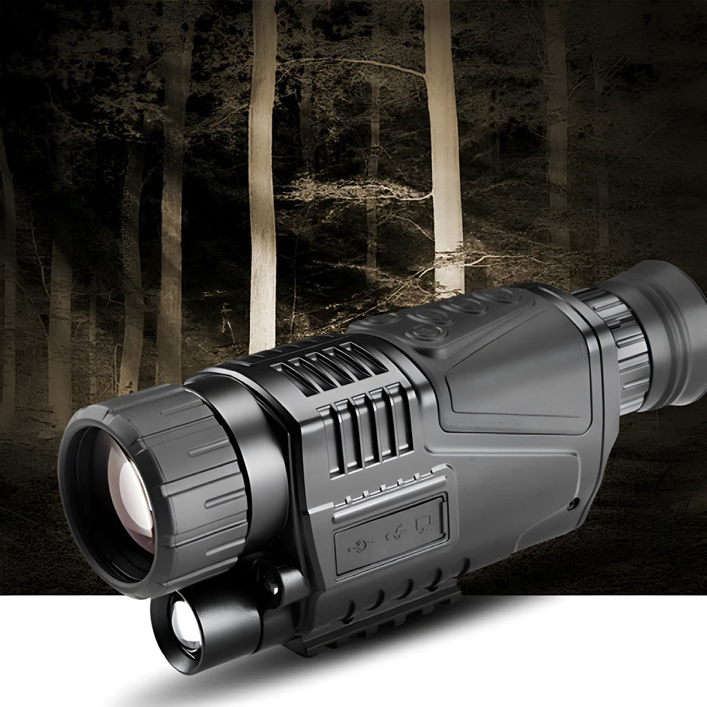Black infrared digital night vision telescope with 40mm lens, storage bag, and cables for outdoor recording.