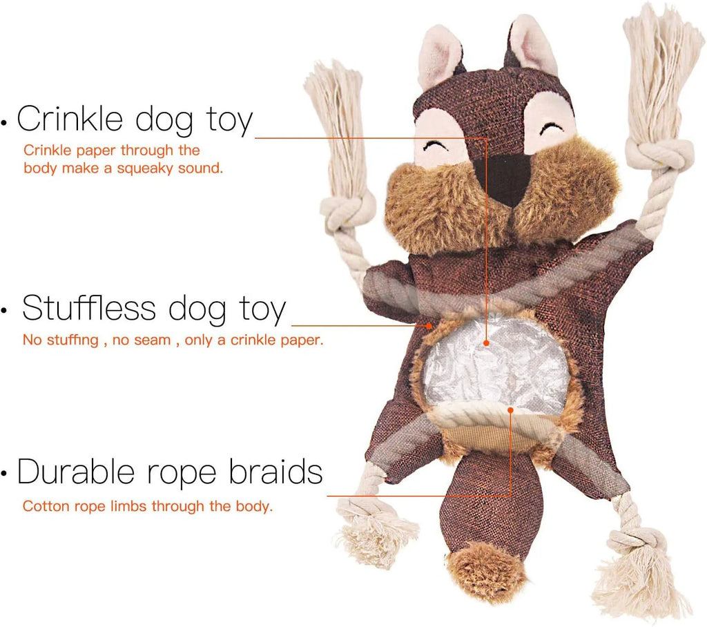 Brown plush fox dog toy with embroidery eyes, cotton rope limbs, and crinkle paper body
