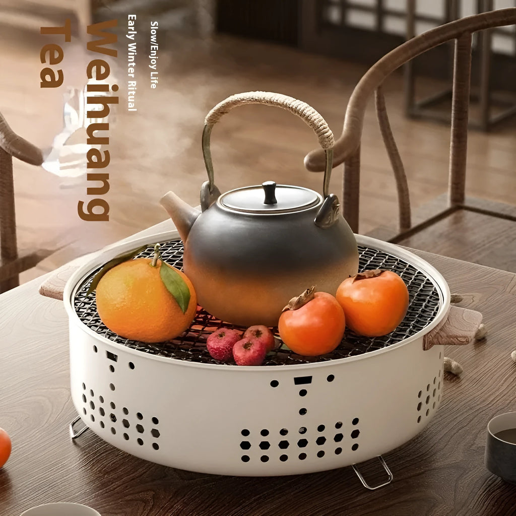 Portable indoor charcoal cooking stove with stainless steel construction and grill rack disk