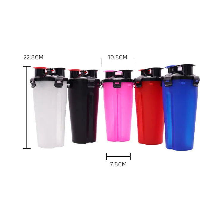 Portable pet water cup showing 350ml water bottle with 250g food container in multiple colour options