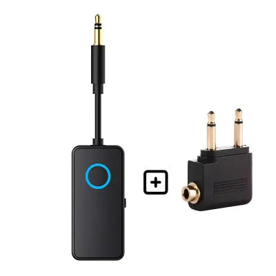 Black Bluetooth 5.4 audio adapter with 3.5mm plug for wireless music streaming.