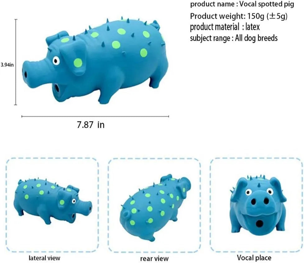 Pig-shaped latex dog chew toy in assorted colours with squeaker and textured surface