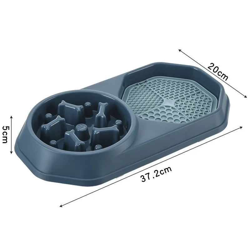 Blue interactive slow feeder dog bowl with maze design and non-slip pads for healthy eating