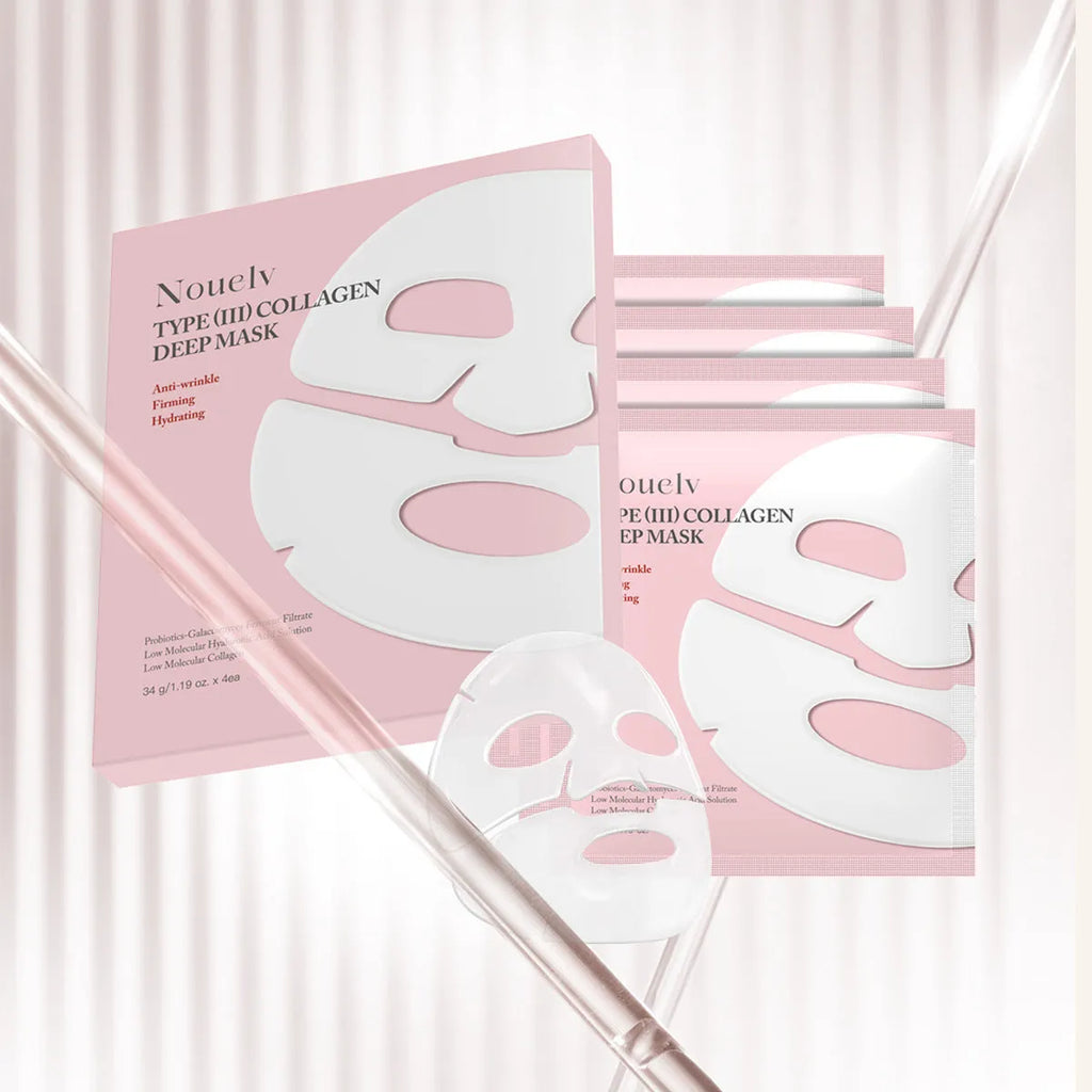 Collagen layered patch mask four-pack box with sheet masks for face and neck application