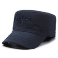 Men's flat-top peaked cotton cap in adjustable size with sun protection properties