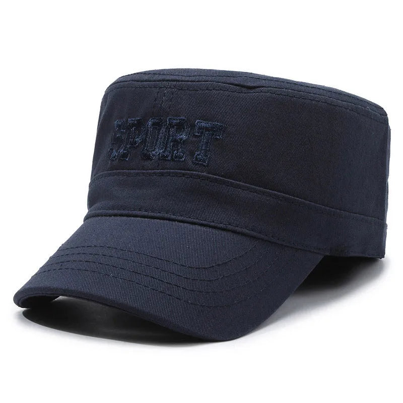 Men's flat-top peaked cotton cap in adjustable size with sun protection properties