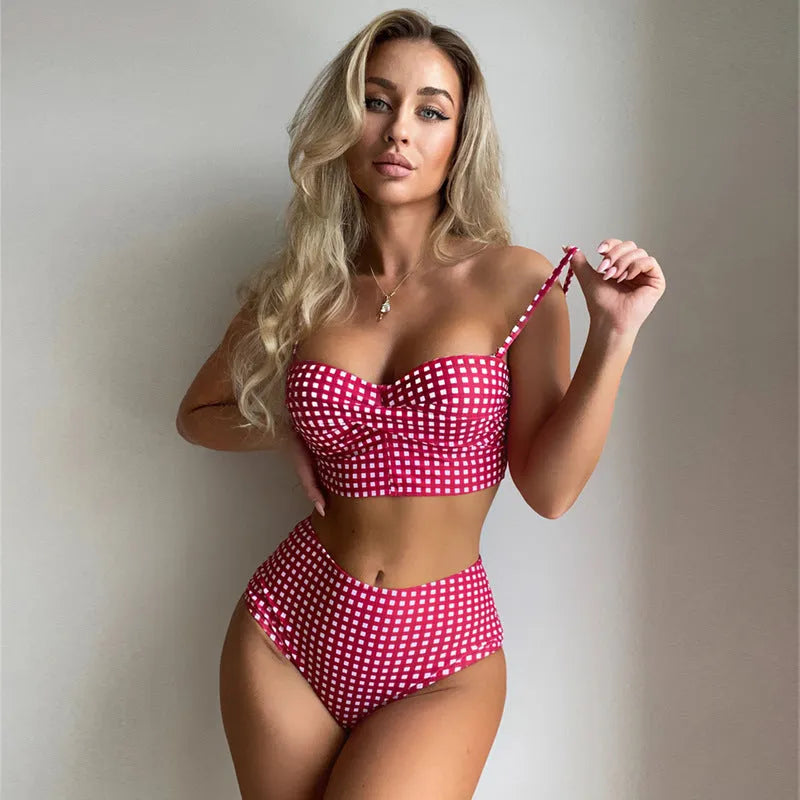 Women's plaid pattern bikini swimsuit with high-waist briefs and split cup top