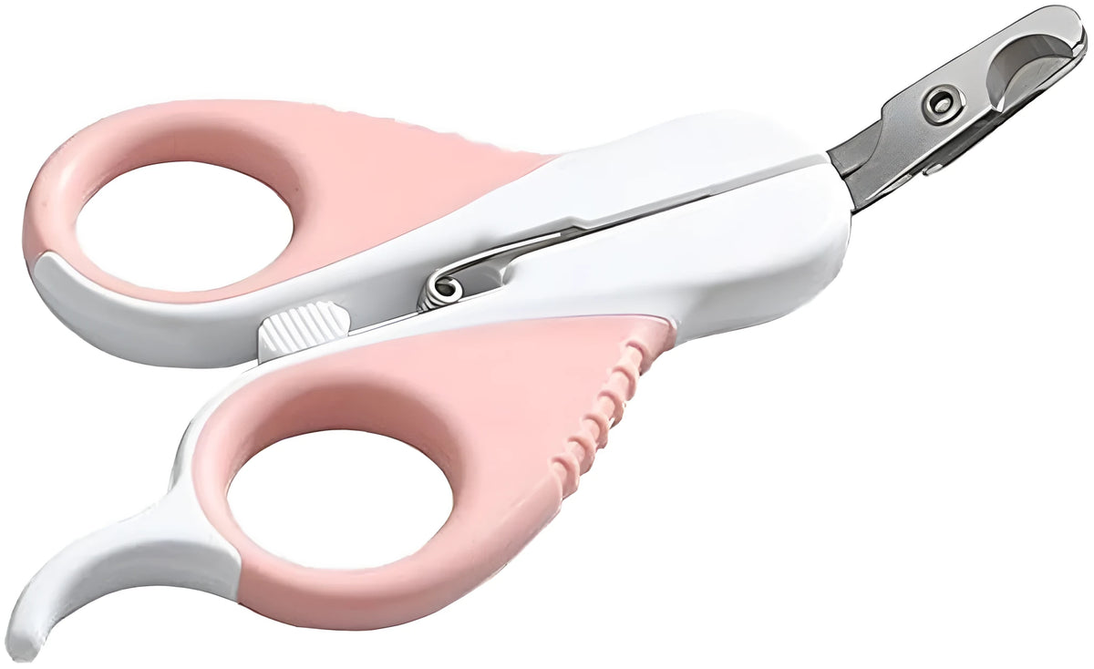 Grey and pink cat nail clippers with safety guard and angled stainless steel blade for pet grooming